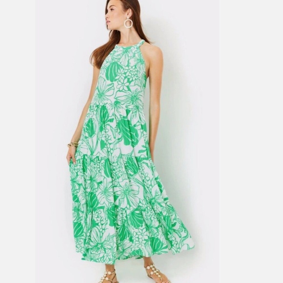 $298 NWT LILLY PULITZER BECCALYN HALTER MAXI DRESS SPEARMINT OVERSIZED KISS S - Picture 1 of 9